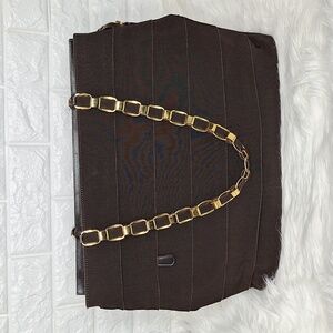 SALVATORE FERRAGAMO Brown Grosgrain Ribbon Tiered Tote Bag with Chain Ha…